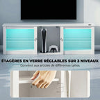 Meuble TV avec éclairage LED pour télévision jusqu'à 70 pouces, 160cm avec étagères en verre réglables, blanc-5