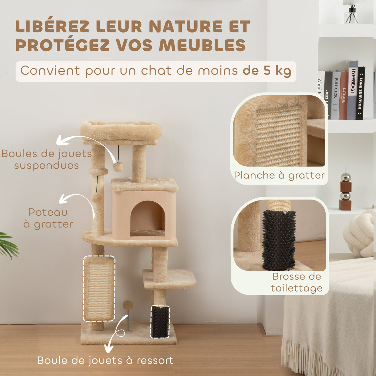Arbre à chat, tour de jeux, hauteur de 132 cm, avec lit, maison, brosse de toilettage, 55 x 44 x 132 cm, beige-4