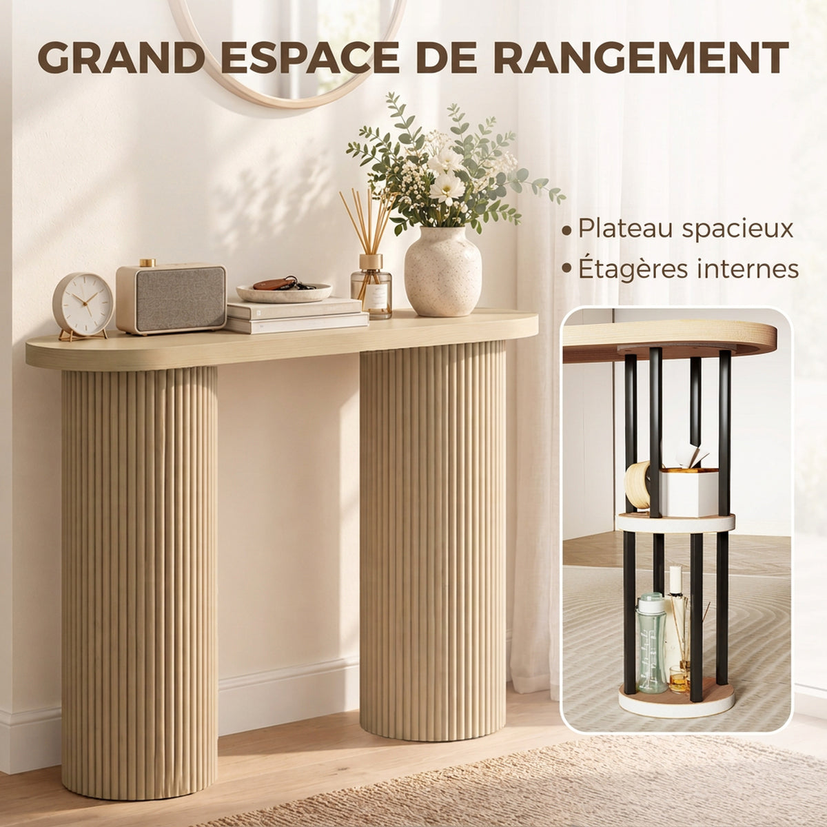 Table Console Cannelée, Rangement Dissimulé, Pieds Colonnes, Style Rustique, Console d'Entrée Étroite, 103x35x80cm Chêne-3