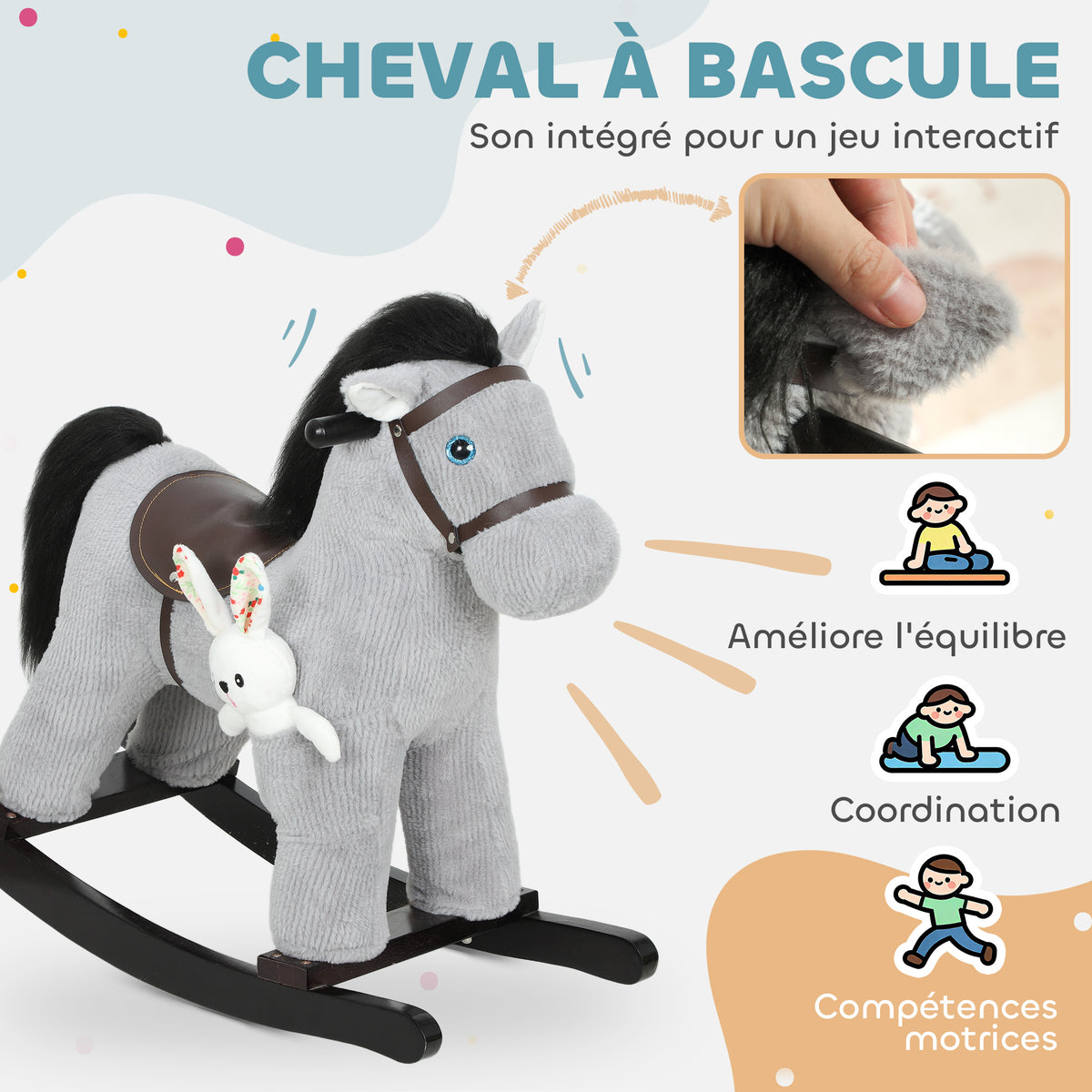Cheval à bascule pour enfants, jouet à bascule bébé en peluche avec eouetffet sonore et poupée, 65 x 26 x 55 cm, gris-3