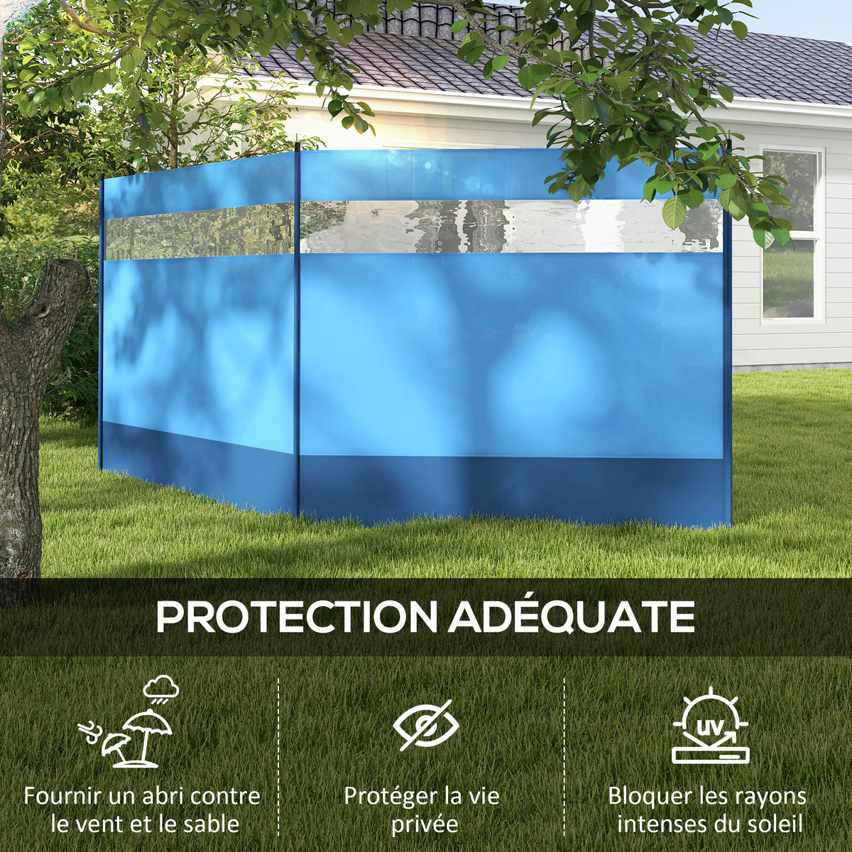 Paravent brise-vent de camping portable pliable avec sac de transport et poteaux en acier dim. 440 cm x 140 cm bleu-3