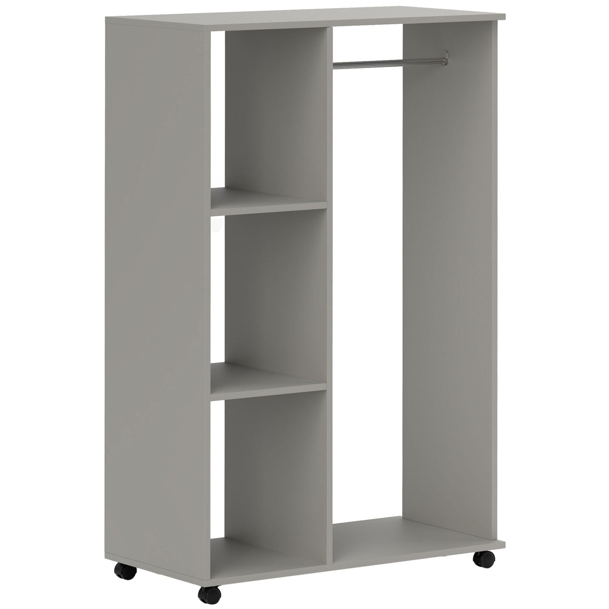 Armoire penderie meuble de rangement mobile 4 roulettes avec tringle à vêtements et étagères ouvertes, gris-0