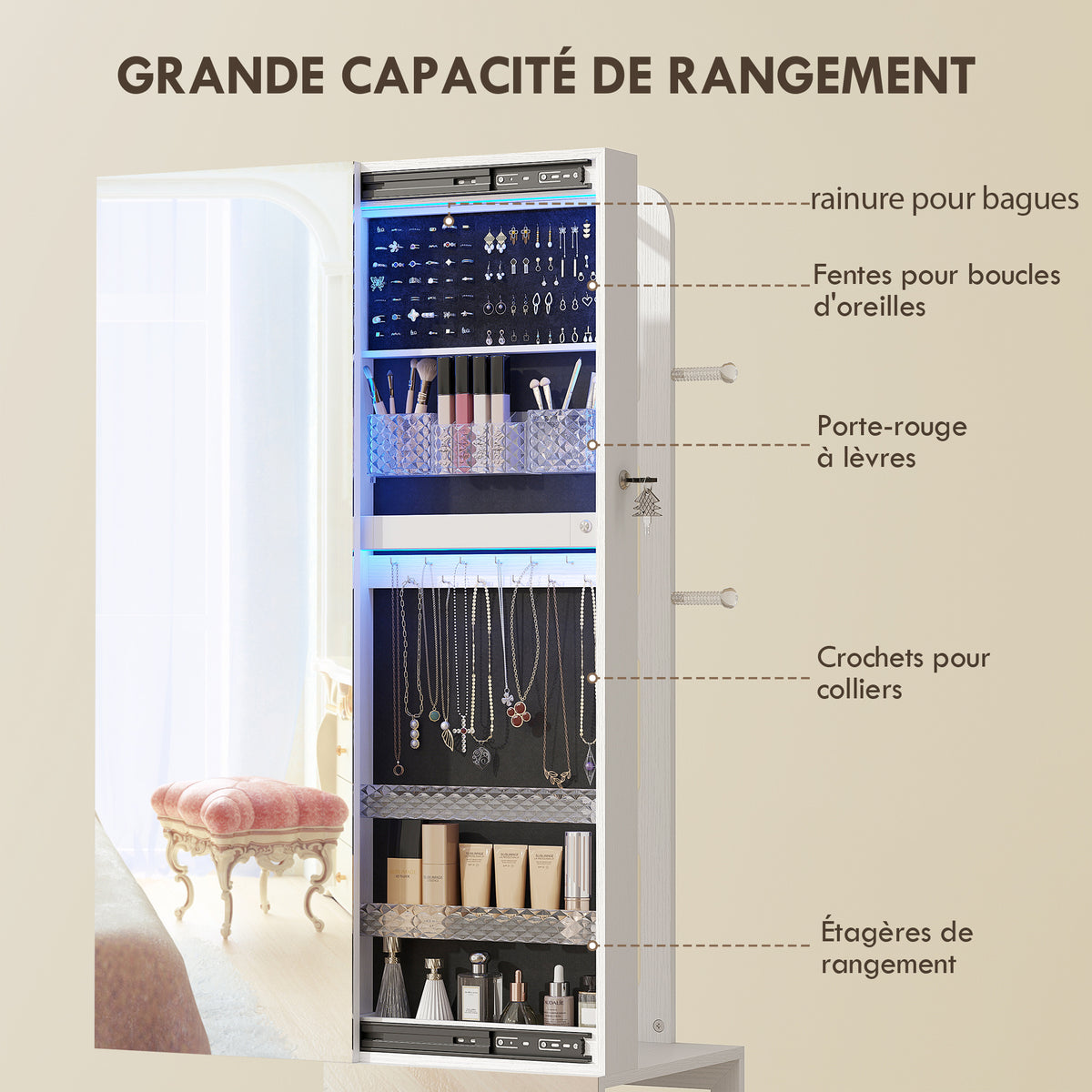 Armoire à bijoux armoire avec miroir sur pied pivotante à 360° éclairage LED 37x40x165,5cm cadre blanc, doublure noire-5