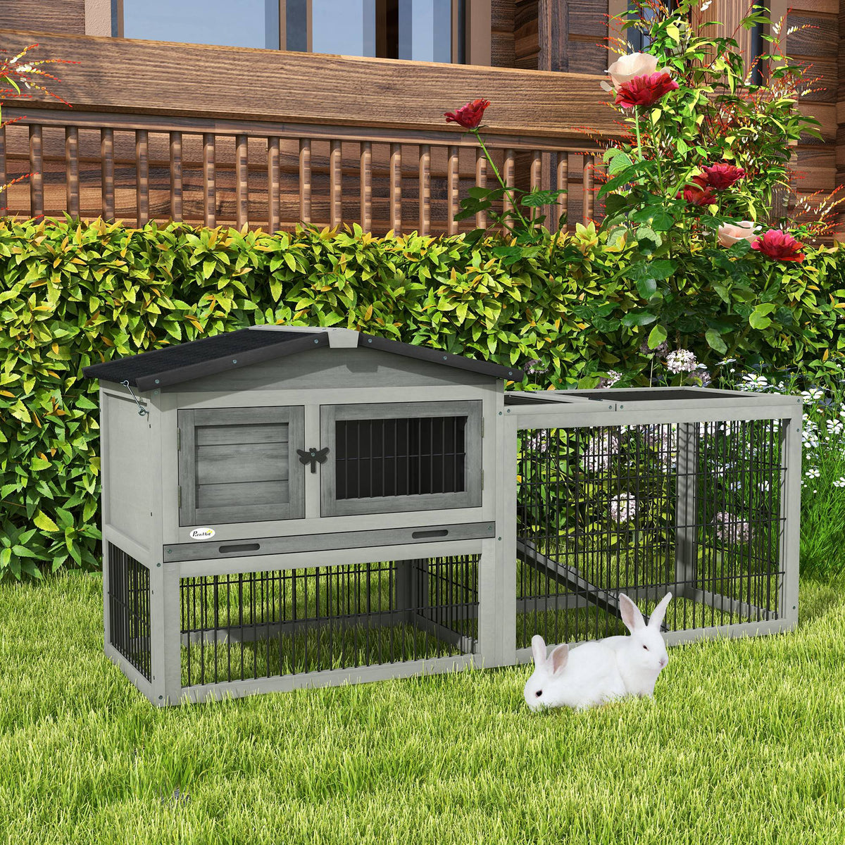 Clapier de sol cage à lapin cottage niche supérieure avec rampe enclos extérieur 150 x 52 x 68 cm gris-9