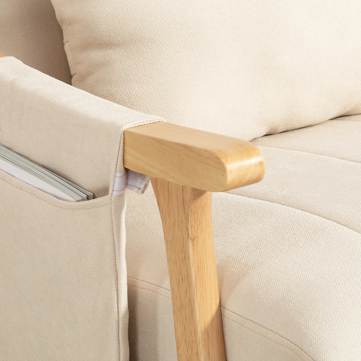 Fauteuil à bascule, Rocking Chair en Tissu Efft Lin, Coussin Lombaire, Assise Rembourrée, Pieds en Bois d'Hévéa, Beige-3