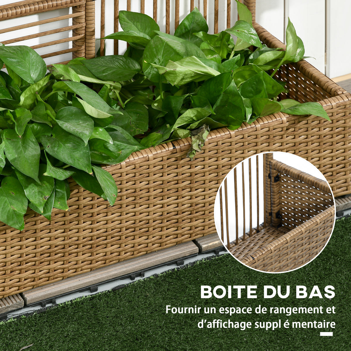 Support pour plantes avec treillis bac rectangulaire inférieur en résine tressée et acier dim. 103L x 29l x 103H cm-4
