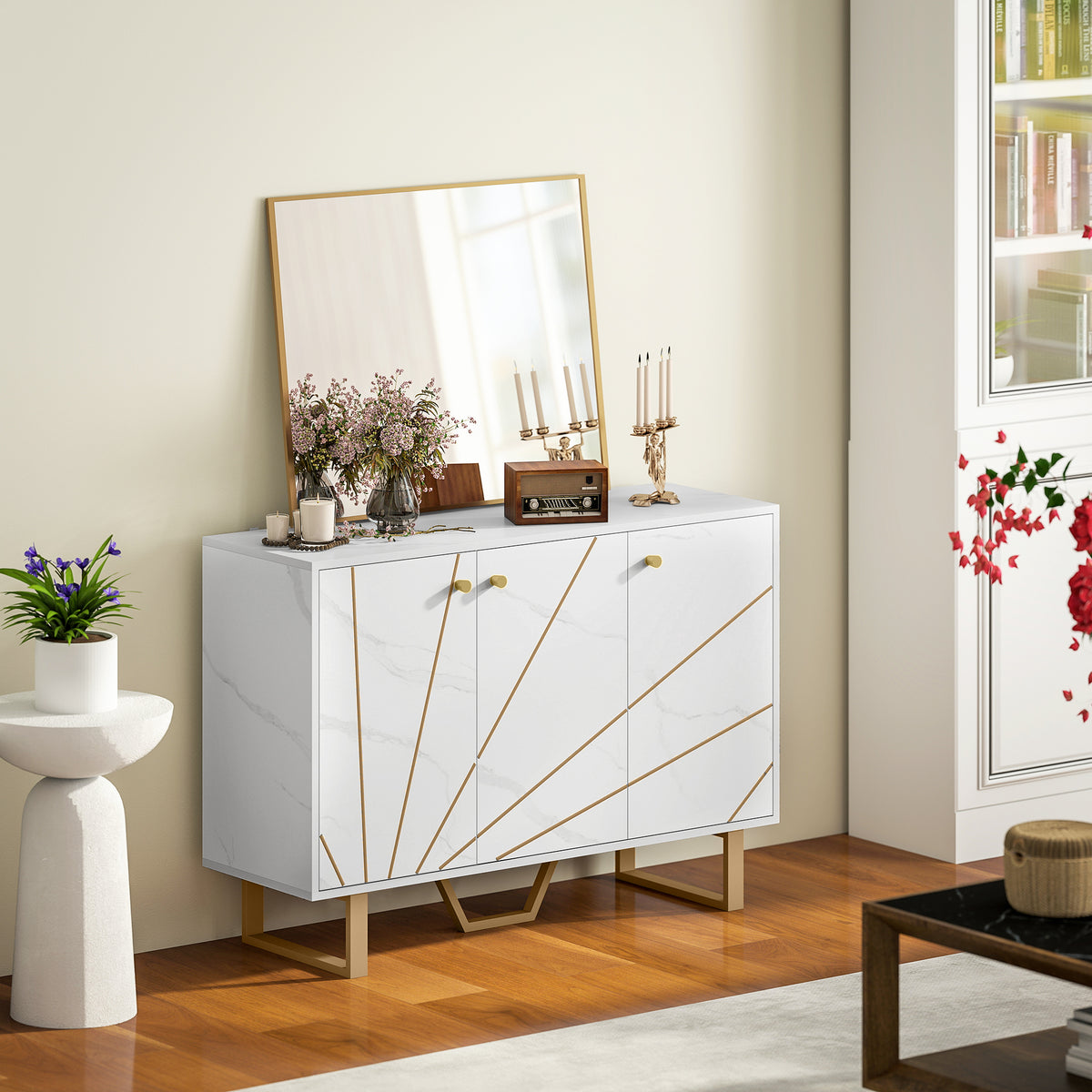 Meuble de rangement buffet salon avec 2 placards 3 portes et étagère réglable, pieds en métal, aspect marbre blanc-7