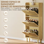 Meuble à chaussures 18 paires, armoire à chaussures étroite avec 3 tiroirs rabattables, étagères réglables, chêne-4