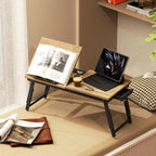 Table de lit pliable et réglable, plateau de lit pour ordinateur portable en bambou - plateau inclinable, tiroir, chêne-9