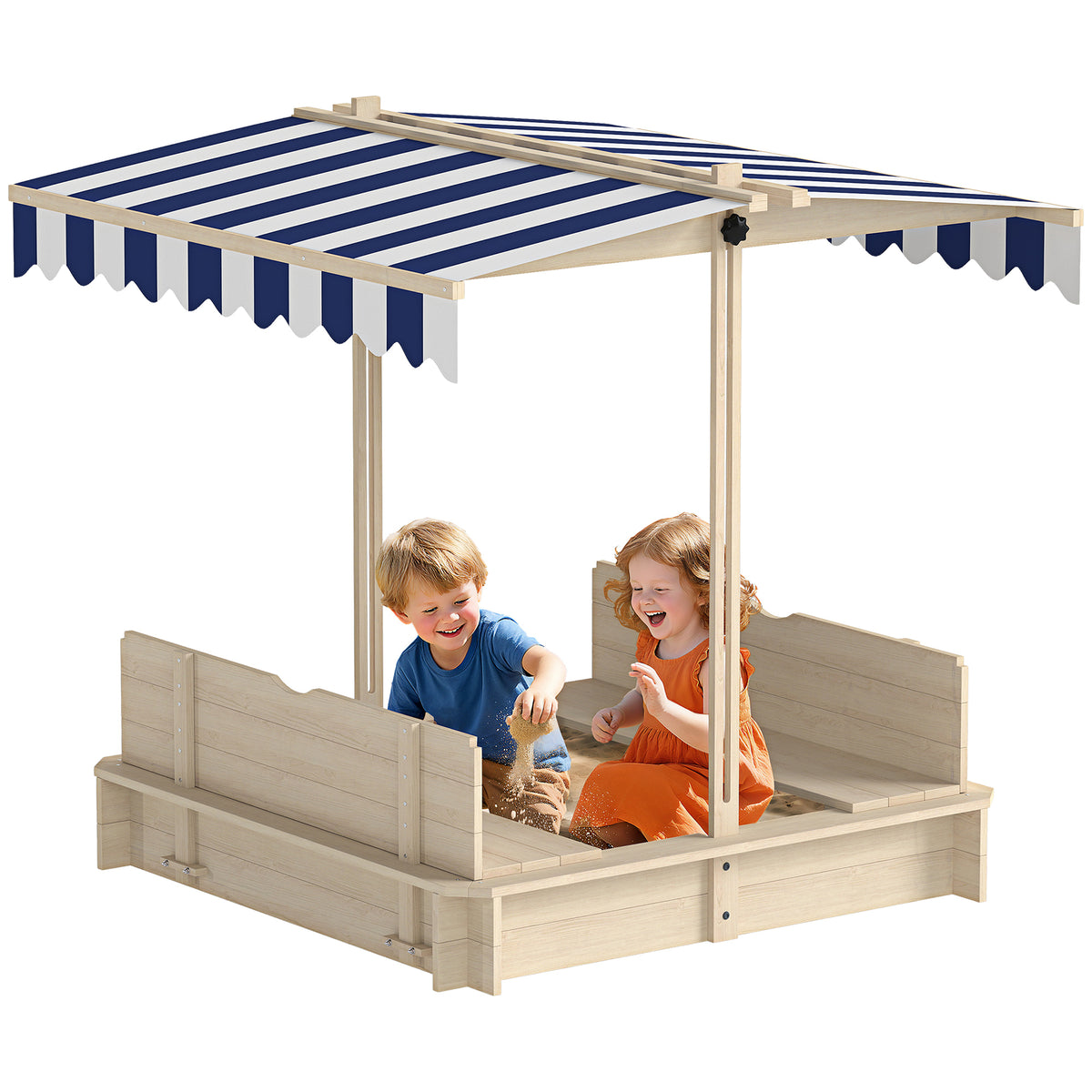 Bac à sable carré en bois pour enfants dim. 106L x 106l cm avec bancs et couvercle - auvent réglable-0