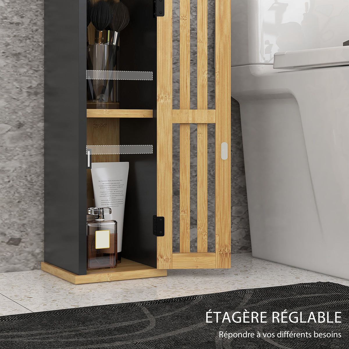 Meuble de salle de bain avec support papier toilette rangement avec barre amovible 2 Niveaux + Sortie Papier MDF Bambou-4