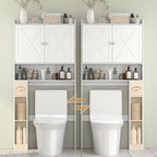 Meuble WC dessus de toilette avec placard à porte de grange, étagère réglable, compartiments et porte-papier, blanc-7