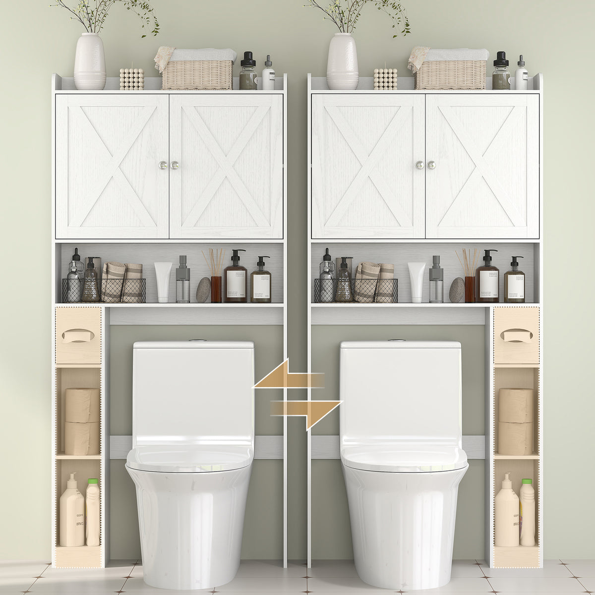 Meuble WC dessus de toilette avec placard à porte de grange, étagère réglable, compartiments et porte-papier, blanc-7