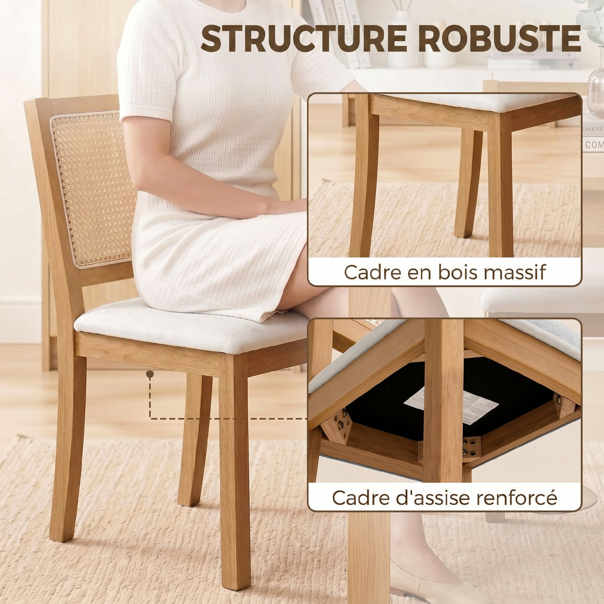Lot de 2 chaises de salle à manger, chaises de cuisine avec assise rembourrée, dossier effet rotin, crème et chêne-4