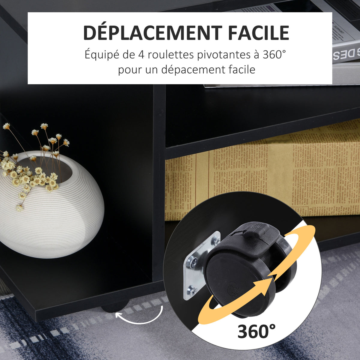 Meuble TV avec Roulettes 80 cm, Meuble Télé pour Téléviseur jusqu'à 42 Pouces avec Étagères Ouvertes, Style Moderne, Banc TV pour Salon, Chambre, Noir-4