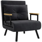 Fauteuil convertible 4 en 1 lit 1 place dossier 5 positions, accoudoirs en bois et coussin, tissu effet velours, noir-0