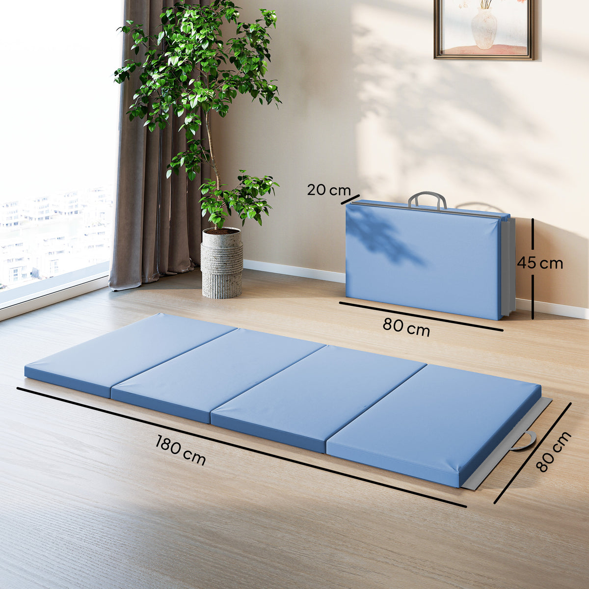 Tapis de gymnastique yoga pilates fitness pliable en 4 avec poignées revêtement synthétique 180 x 80 x 5 cm bleu clair-2