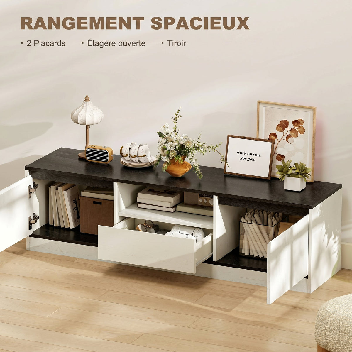 Meuble TV pour Télévision jusqu'à 60" avec 2 Armoires, 1 Étagère Ouverte, 1 Tiroir, Moderne, 140x35x40cm, Noir et Blanc-3