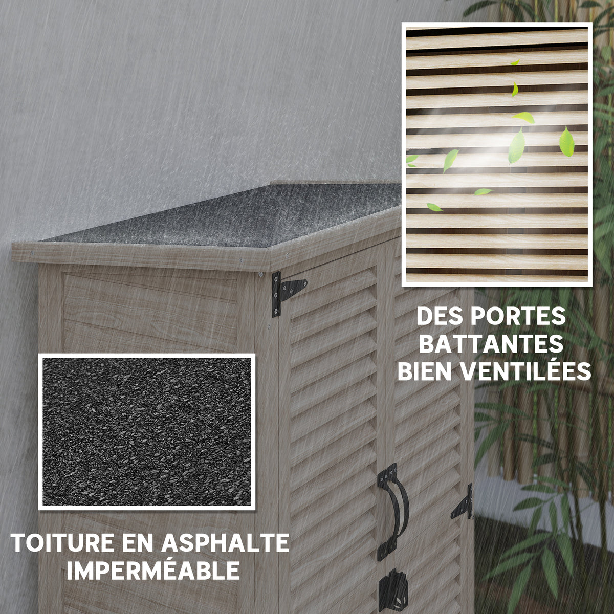 Armoire de jardin remise pour outils en bois 2 étagères toit bitumé portes persiennes verrouillable 75 x 50 x 118-4