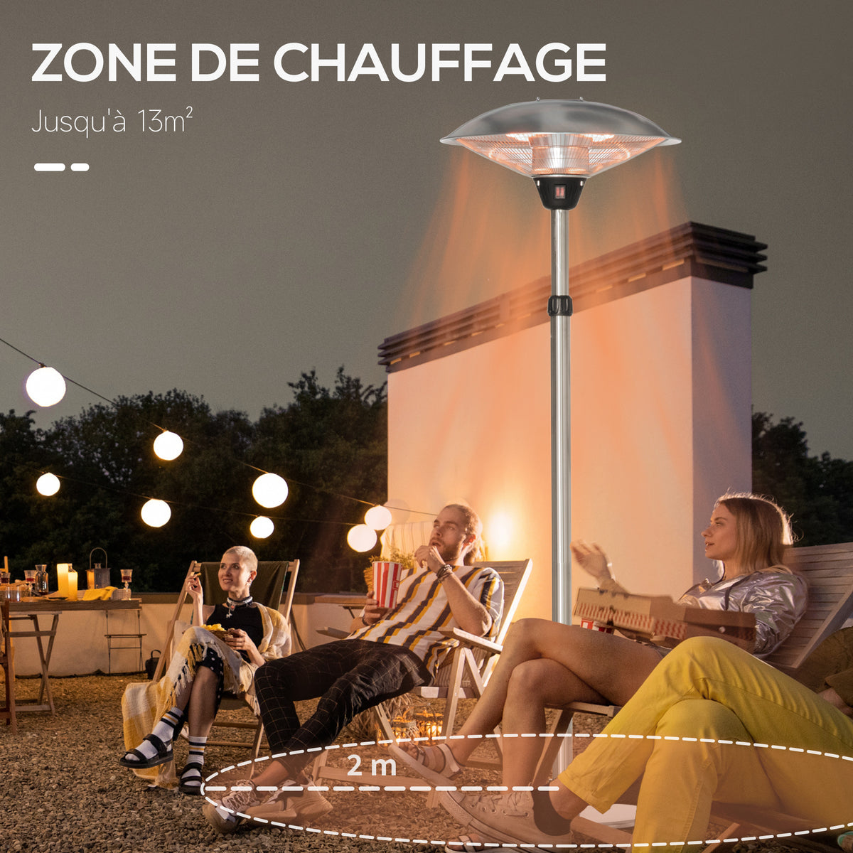 Parasol chauffant électrique 3000W chauffage appoint sans CO₂ 13 m² IP44 - infrarouge pied 3 acier inox. argent-4
