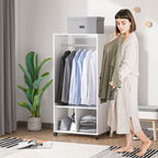 Lot de 2 portants à vêtements penderie mobile avec roulettes 2 niches + Grand Espace penderie en bois Blanc-6