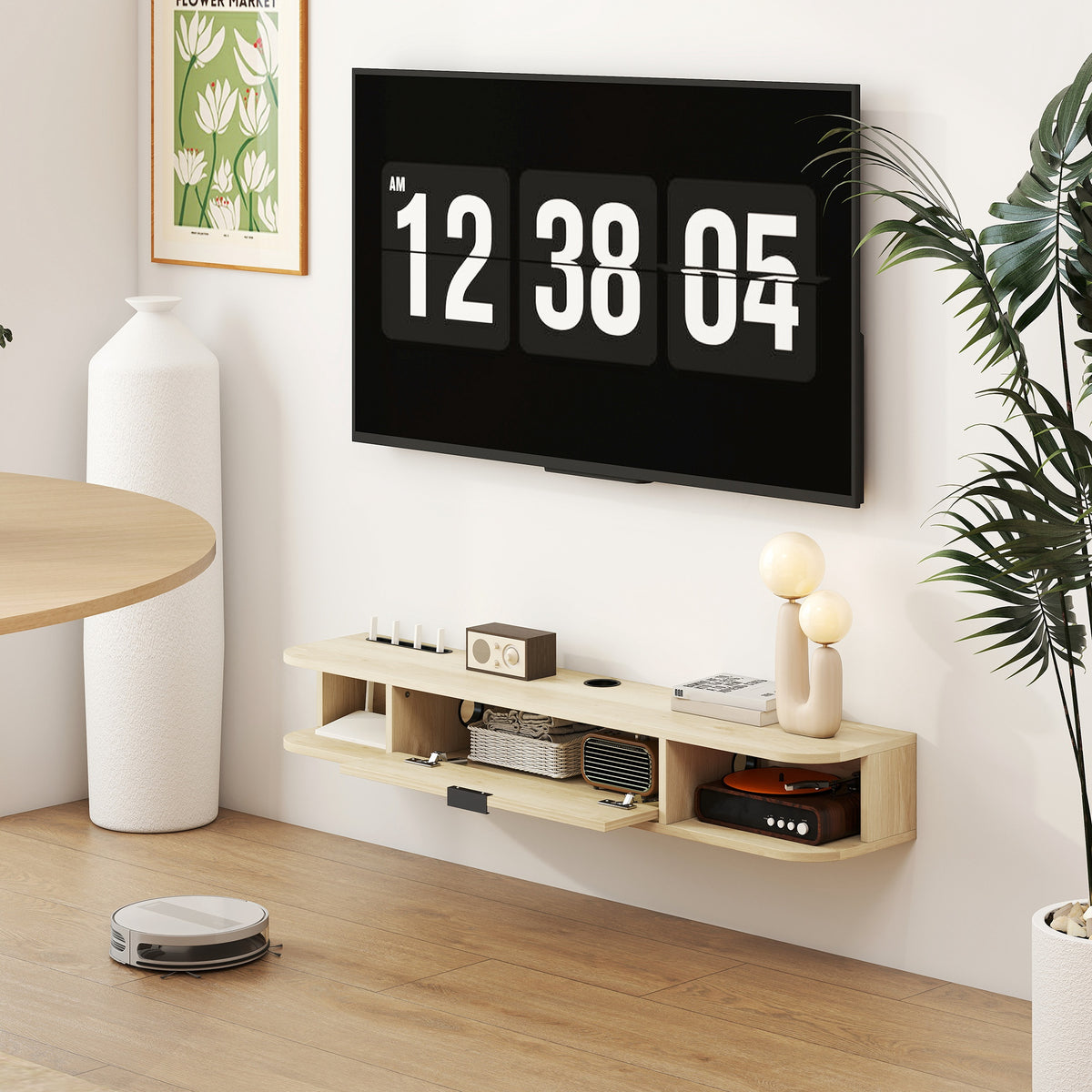 Meuble TV suspendu, meuble télé pour téléviseur jusqu'à 50 pouces, tiroir rabattable 2 étagères 120x24x16cm bois naturel-9