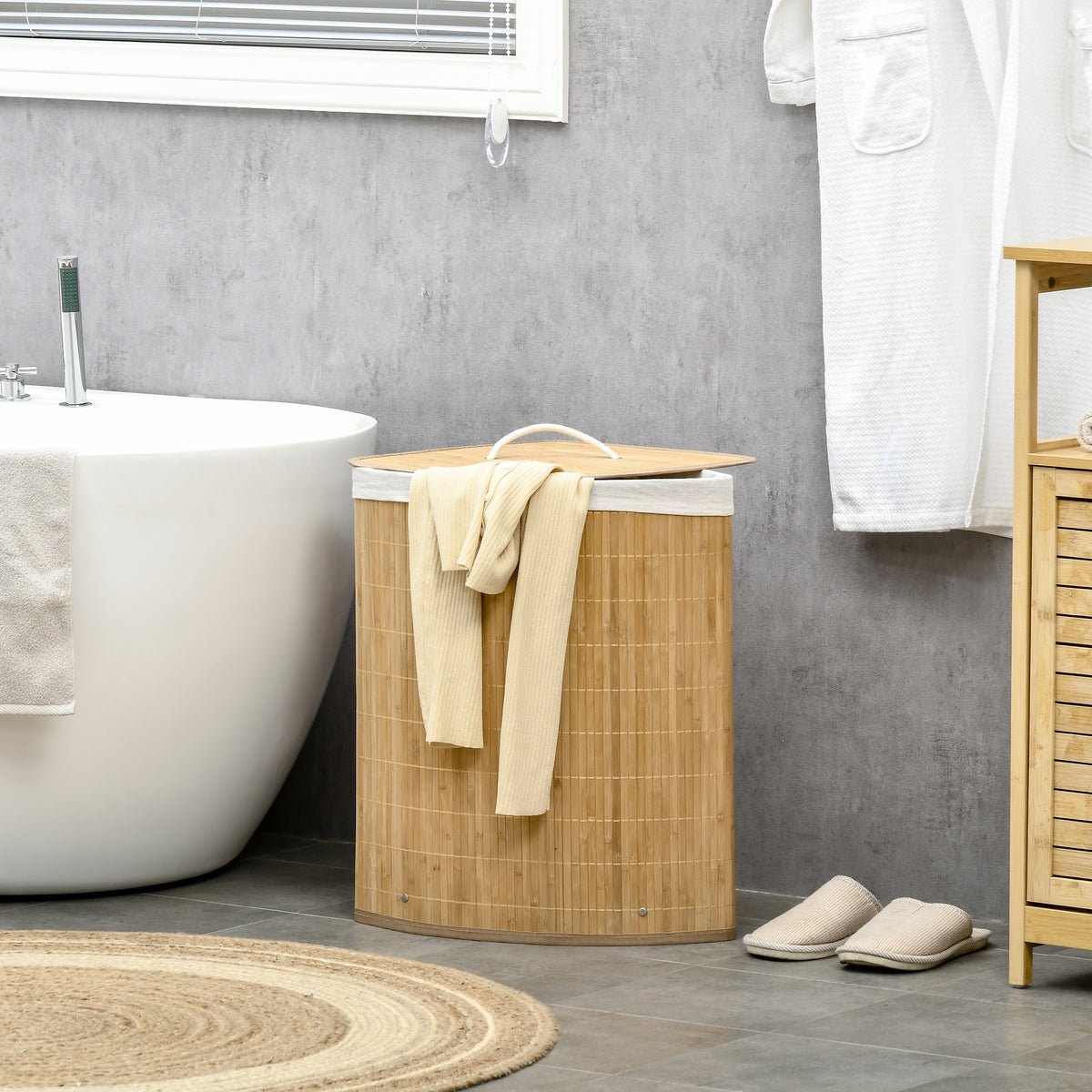 Panier à linge en bambou d'angle 55L avec couvercle et sac amovible 38 x 38 x 57 cm bois naturel-1