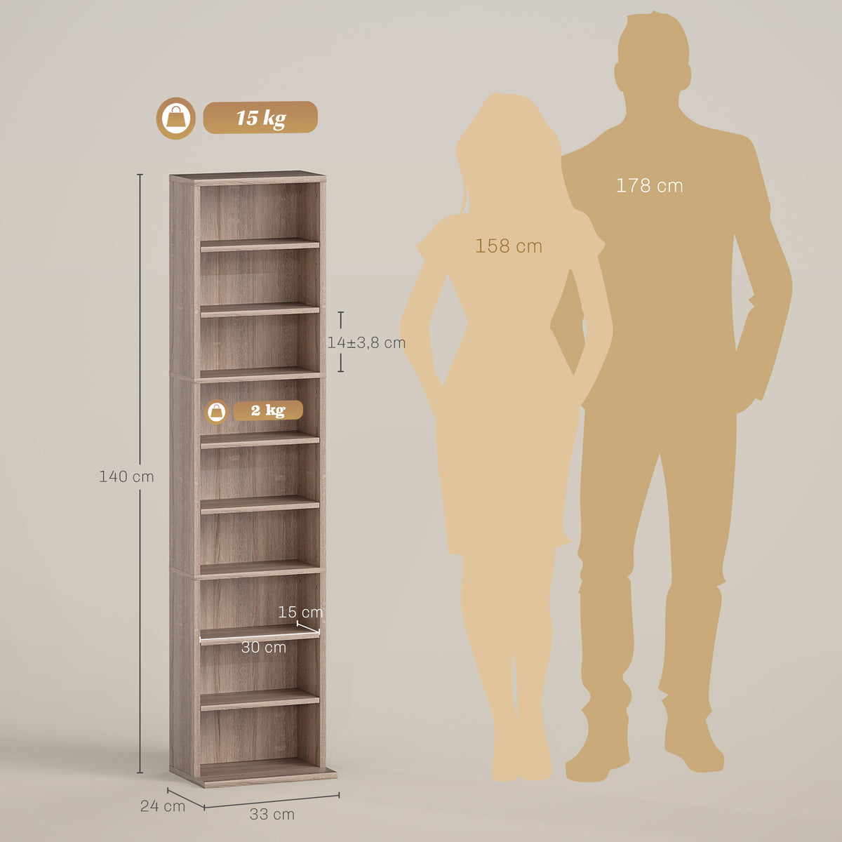Rangements pour CD et DVD 9 compartiments et 6 étagères réglables capacité max. 260 CD/120 DVD 33 x 24 x 140 cm bois naturel-2