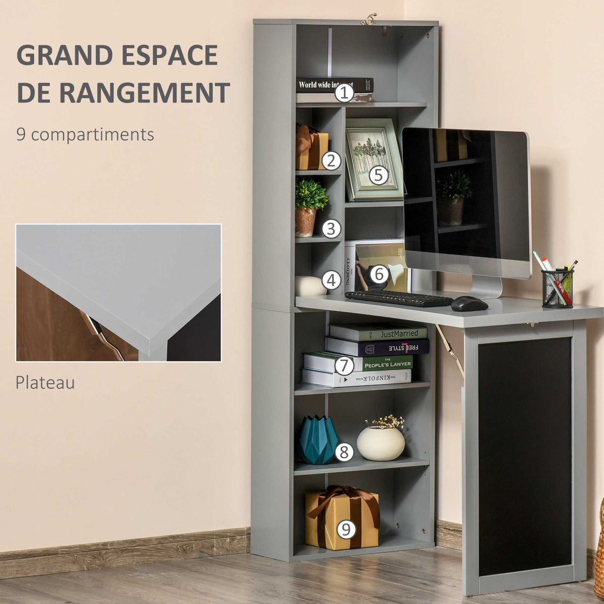 Bureau avec rangement pliable murale rabattable avec bibliothèque poste de travail tableau à craie et étagère réglable-4