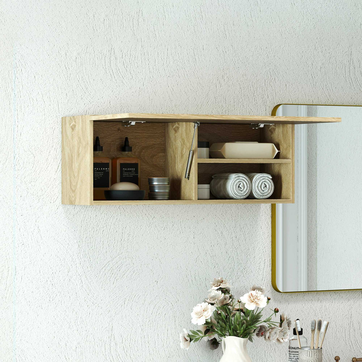 Armoire murale de salle de bain, meuble de rangement suspendu avec porte à charnières, 80 x 25 x 30 cm, bois naturel-9