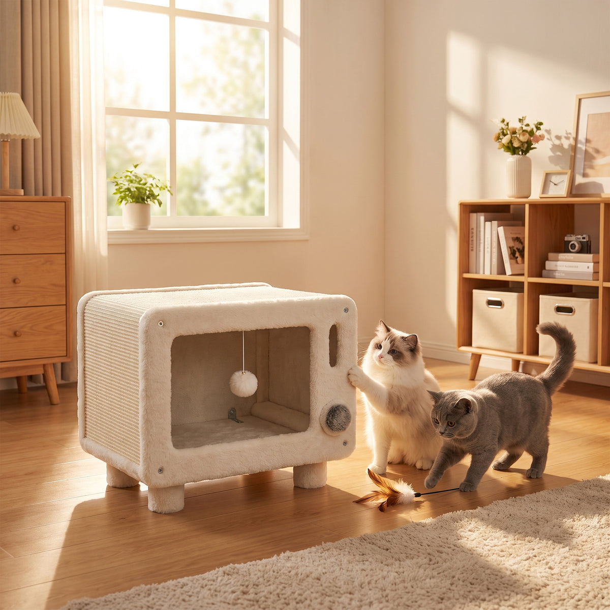 Maison pour Chat Niche pour Chat Intérieure en Forme de Télévision Tapis en Sisal et Balle Suspendue 50x33x42cm Blanc-8