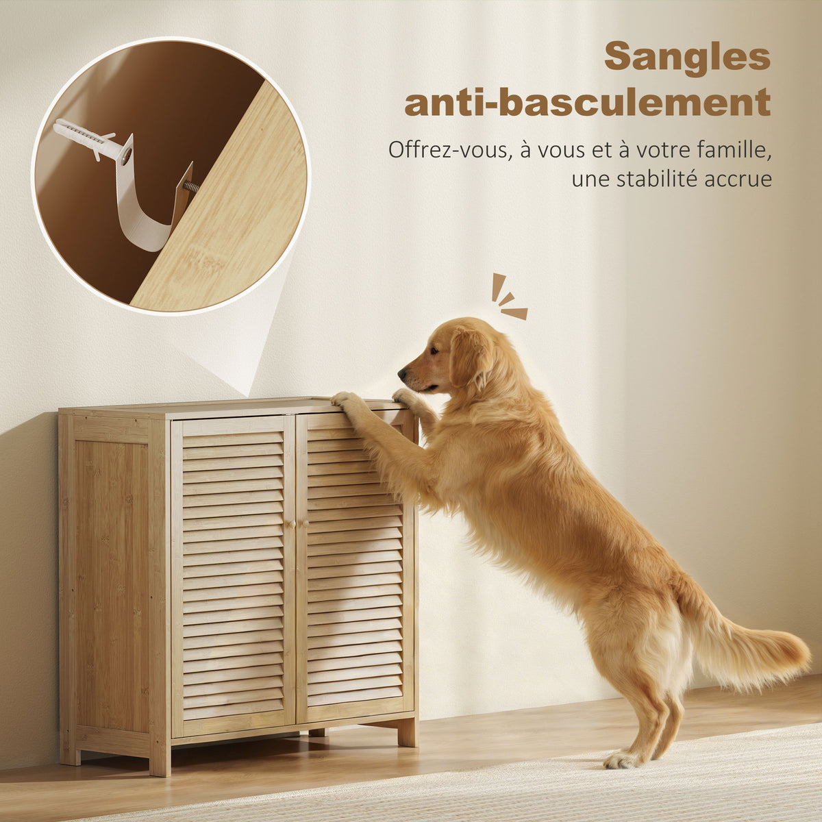 Meuble à chaussures en bambou 18 paires, armoire à chaussures avec portes persiennes et étagères réglables, bois naturel-7