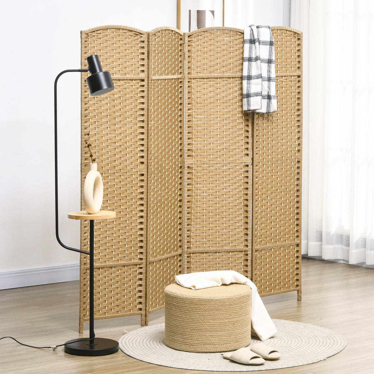 Paravent interieur en bois 4 panneaux 160 x 170 cm séparateur de pièce pliable pour salon, chambre à coucher, naturel-1