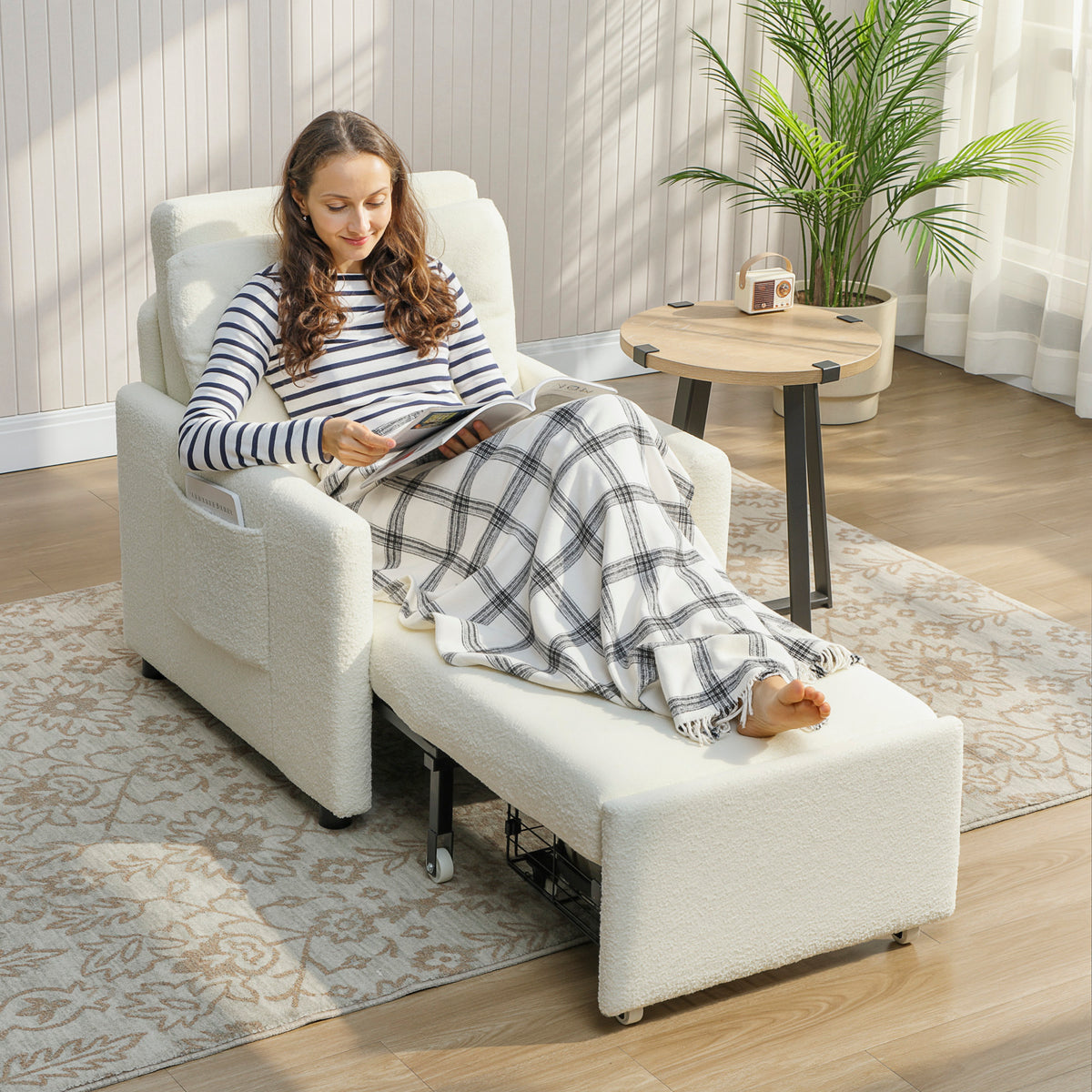 Fauteuil convertible 1 place, fauteuil-lit avec rangement caché, assise large et rembourrée, 72 x 85,5 x 91 cm, crème-1