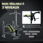 Banc de musculation Fitness entrainement complet dossier réglable cordes traction curler supports barre et haltères noir et jaune-4
