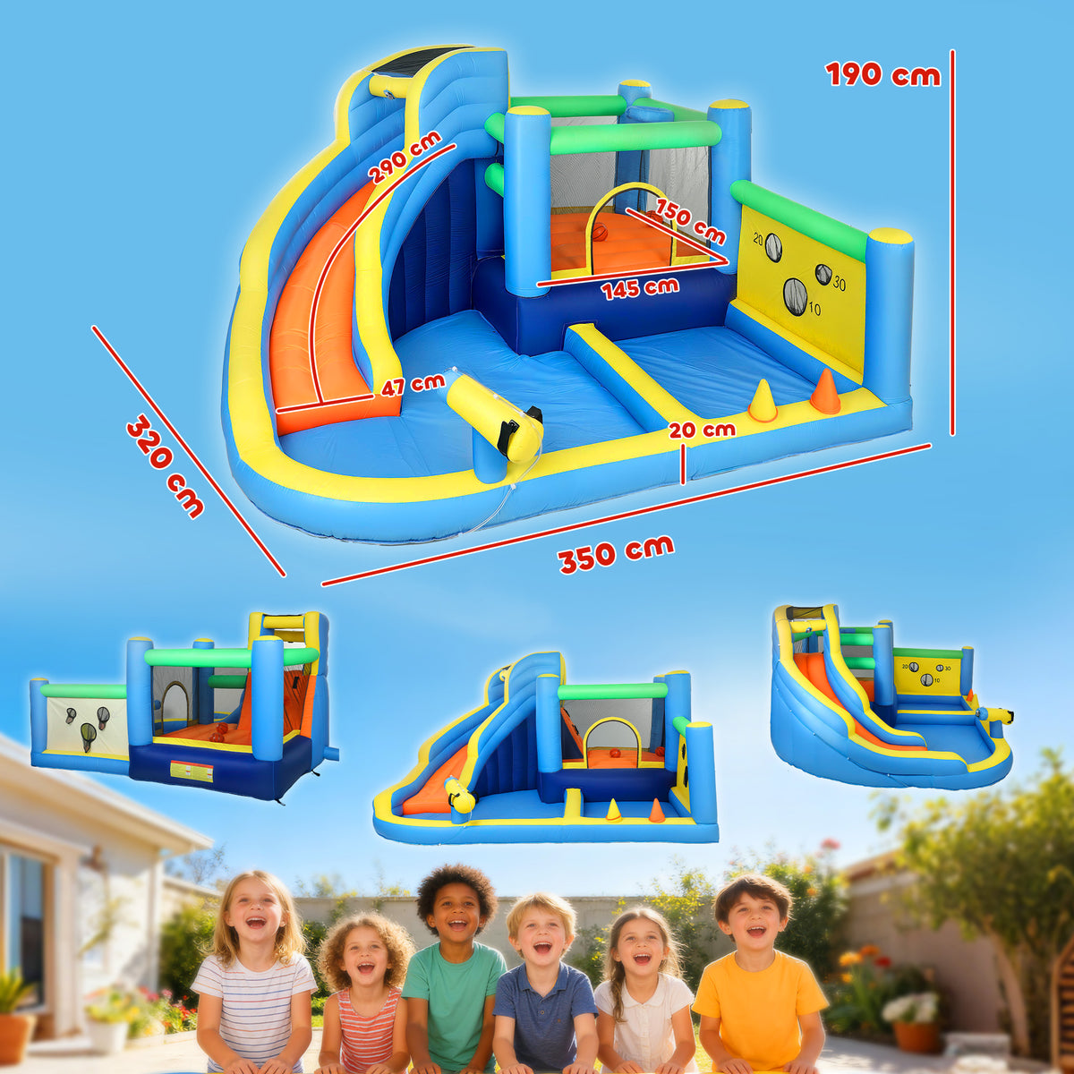 Château gonflable avec souffleur 8 en 1, parc aquatique, toboggan, trampoline, piscine à balles, oxford, multicolore-2