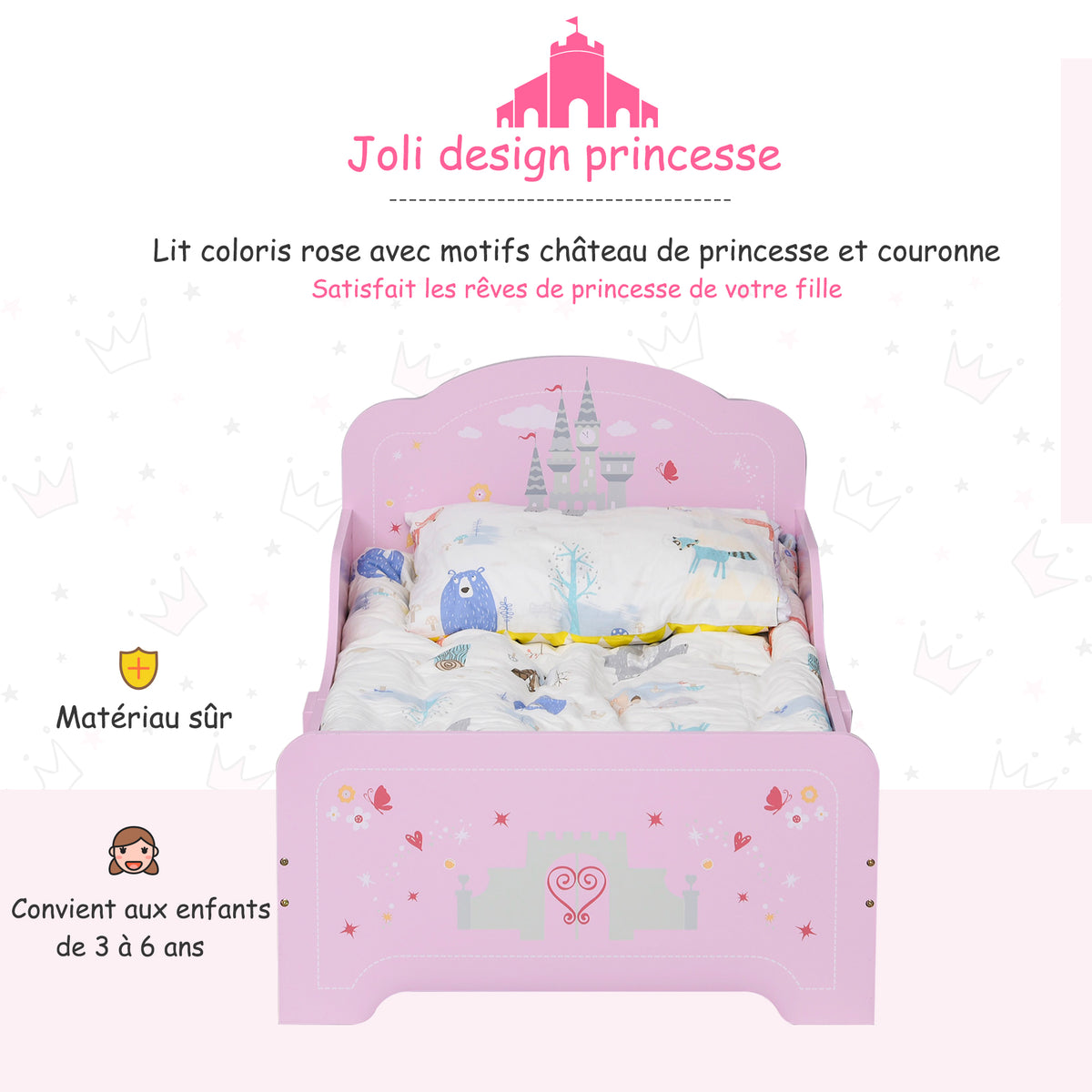 Lit Enfant 140x70cm - lit enfant Design Princesse Motif château - sommier Lattes Inclus - MDF Contre-plaqué Rose-3