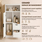 Meuble de salle de bain, meuble de rangement étroit avec 2 tiroirs, compartiments ouverts, 50x25x100cm, blanc-3