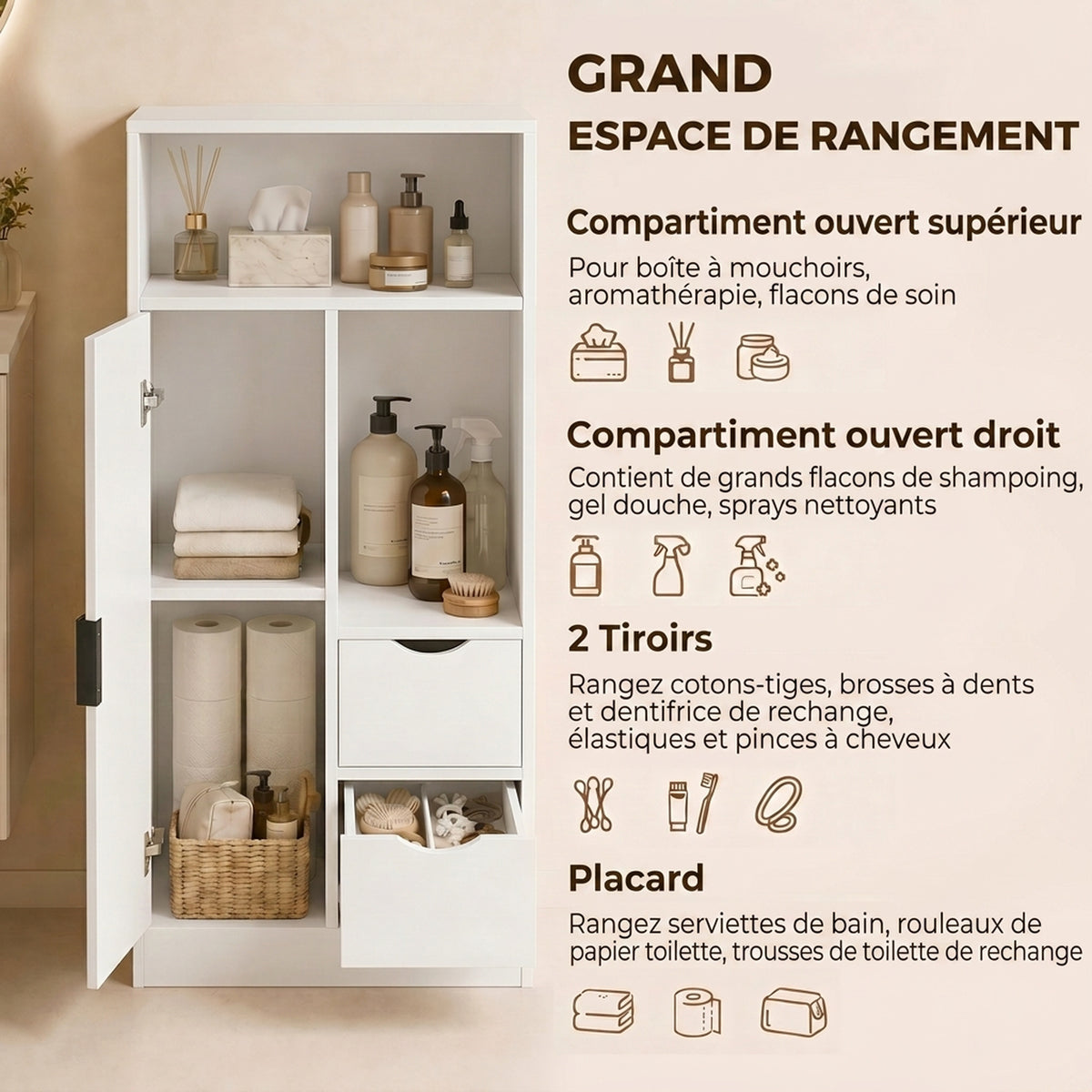 Meuble de salle de bain, meuble de rangement étroit avec 2 tiroirs, compartiments ouverts, 50x25x100cm, blanc-3