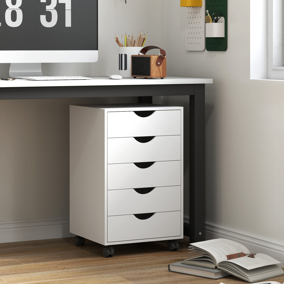 Caisson bureau mobile, meuble rangement sur roulettes avec 5 tiroirs, bois, 40 x 40 x 68,5 cm, blanc-1