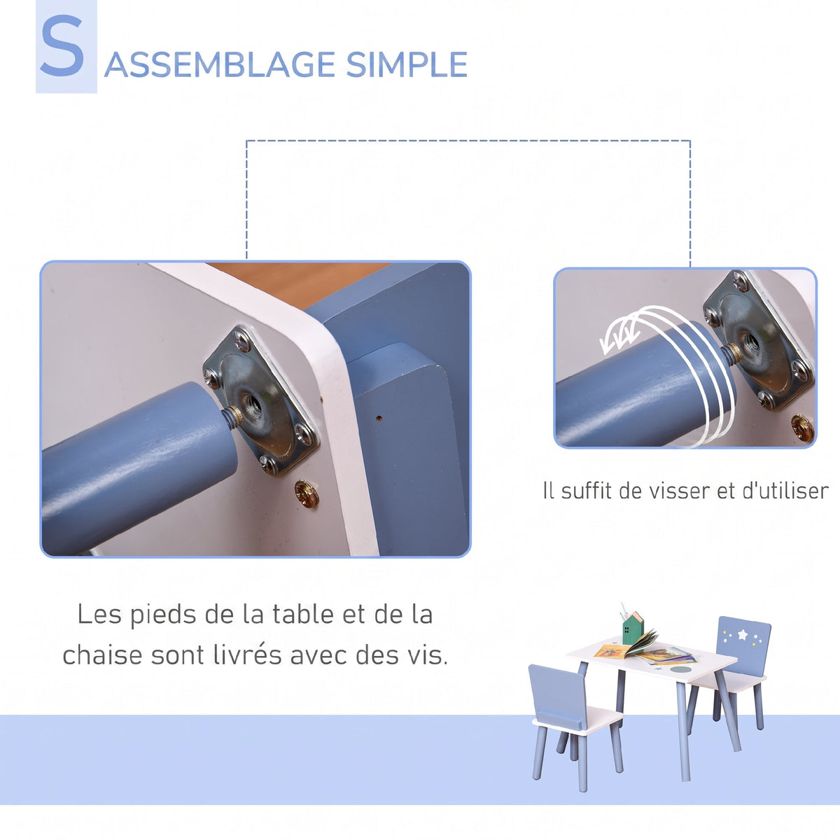 Table enfant avec chaise, ensemble table et 2 chaises en bois pour dessiner, jouer, étudier, bleu-4