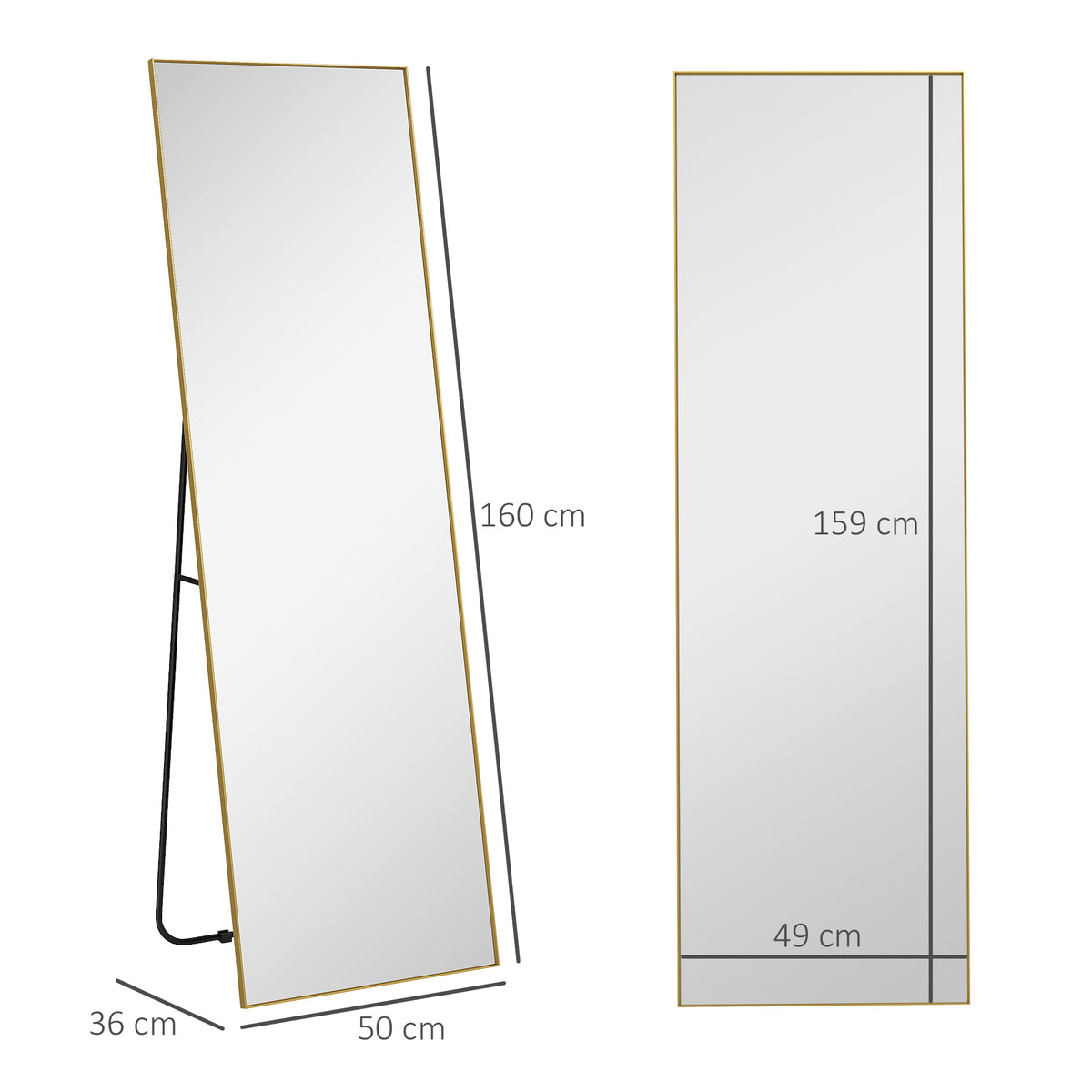Grand miroir pleine longueur rectangulaire, 50 x 160 cm, miroir sur pied, mural ou pocé contre mur, doré-2