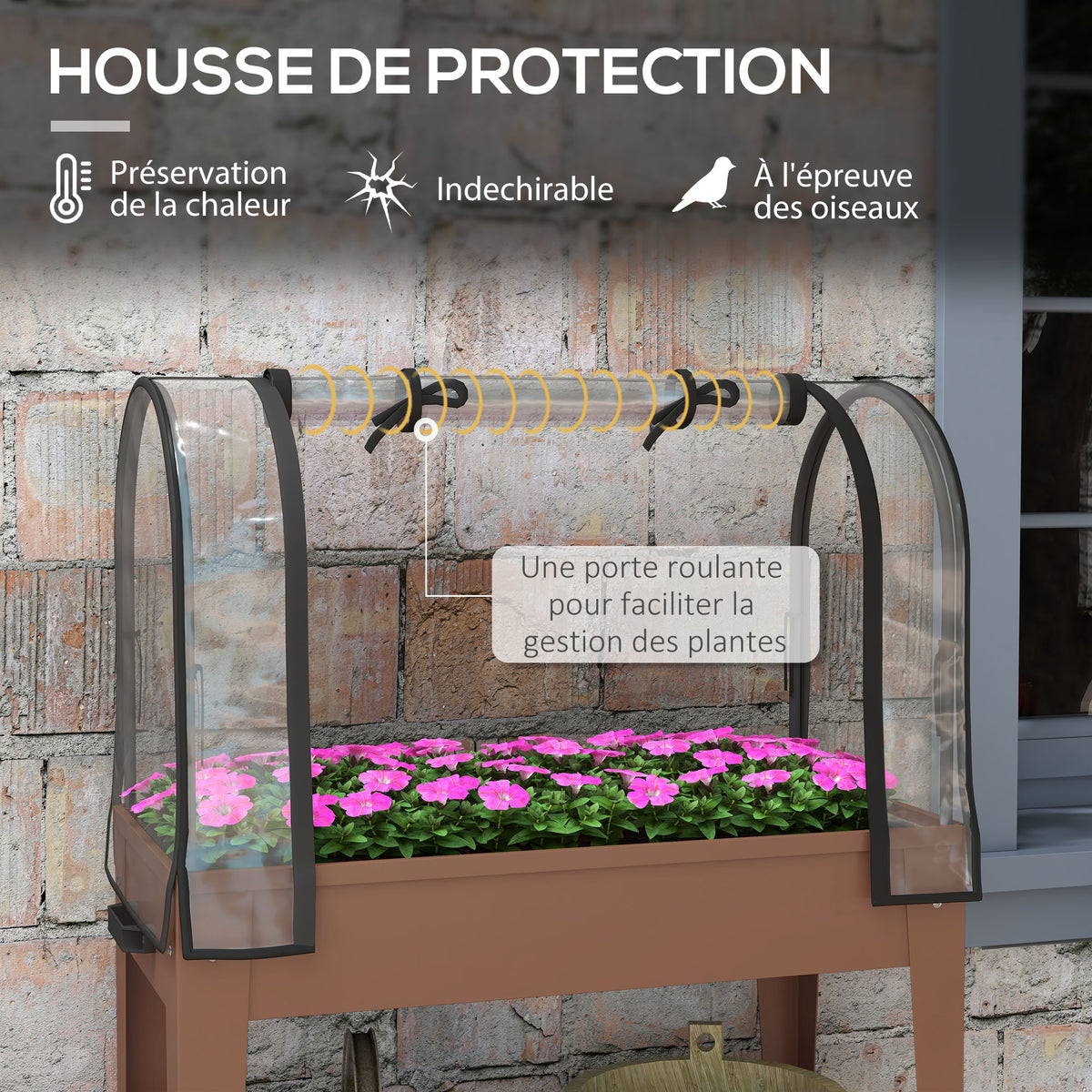 Jardinière surélevée avec bâche transparente, 2 roulettes et 1 étagère inférieure, dim. 80L x 40l x 120H cm-3
