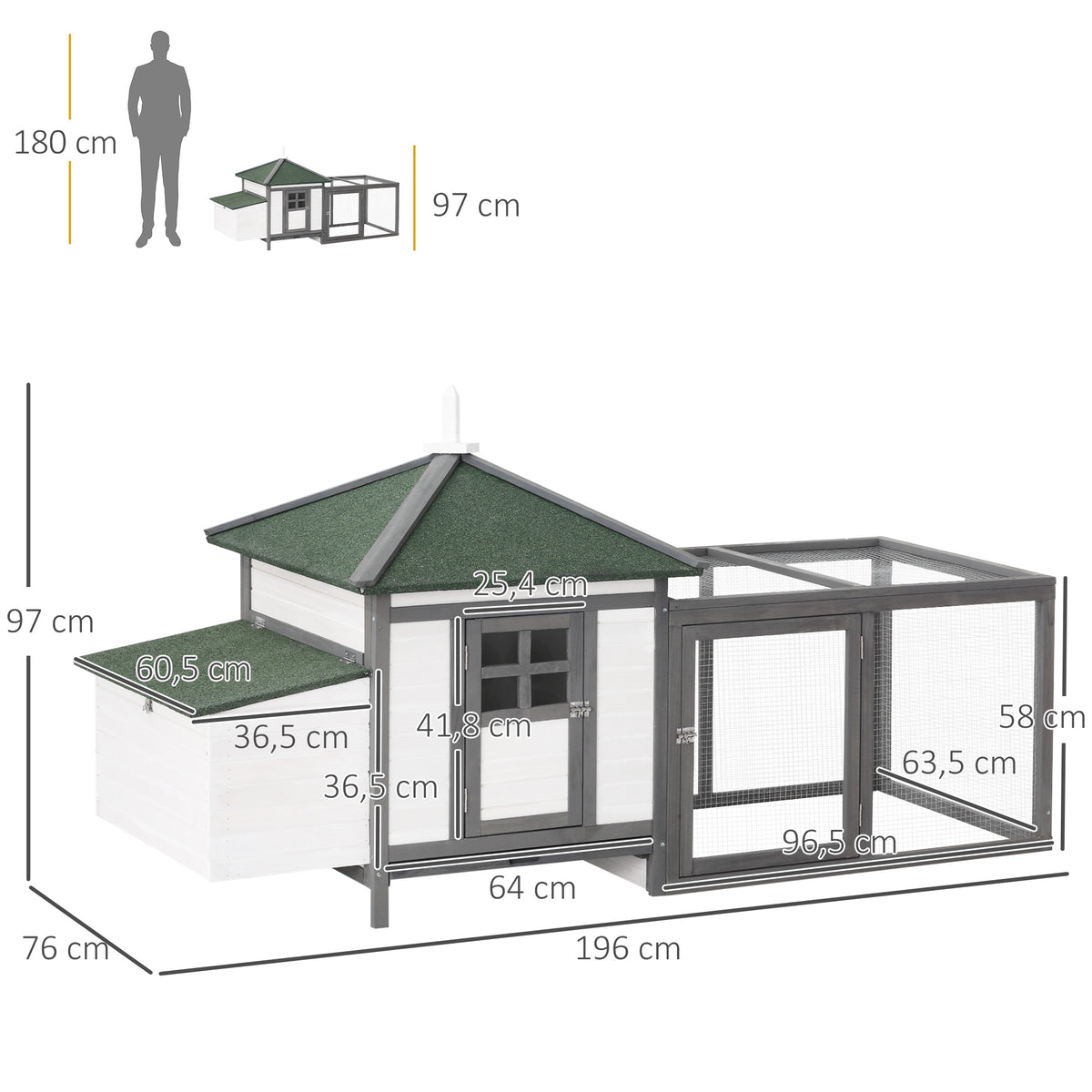 Poulailler cottage multi-équipement perchoir rampe pondoir enclos tiroir à déjection 196L x 76l x 97H cm bois massif pin gris blanc-2
