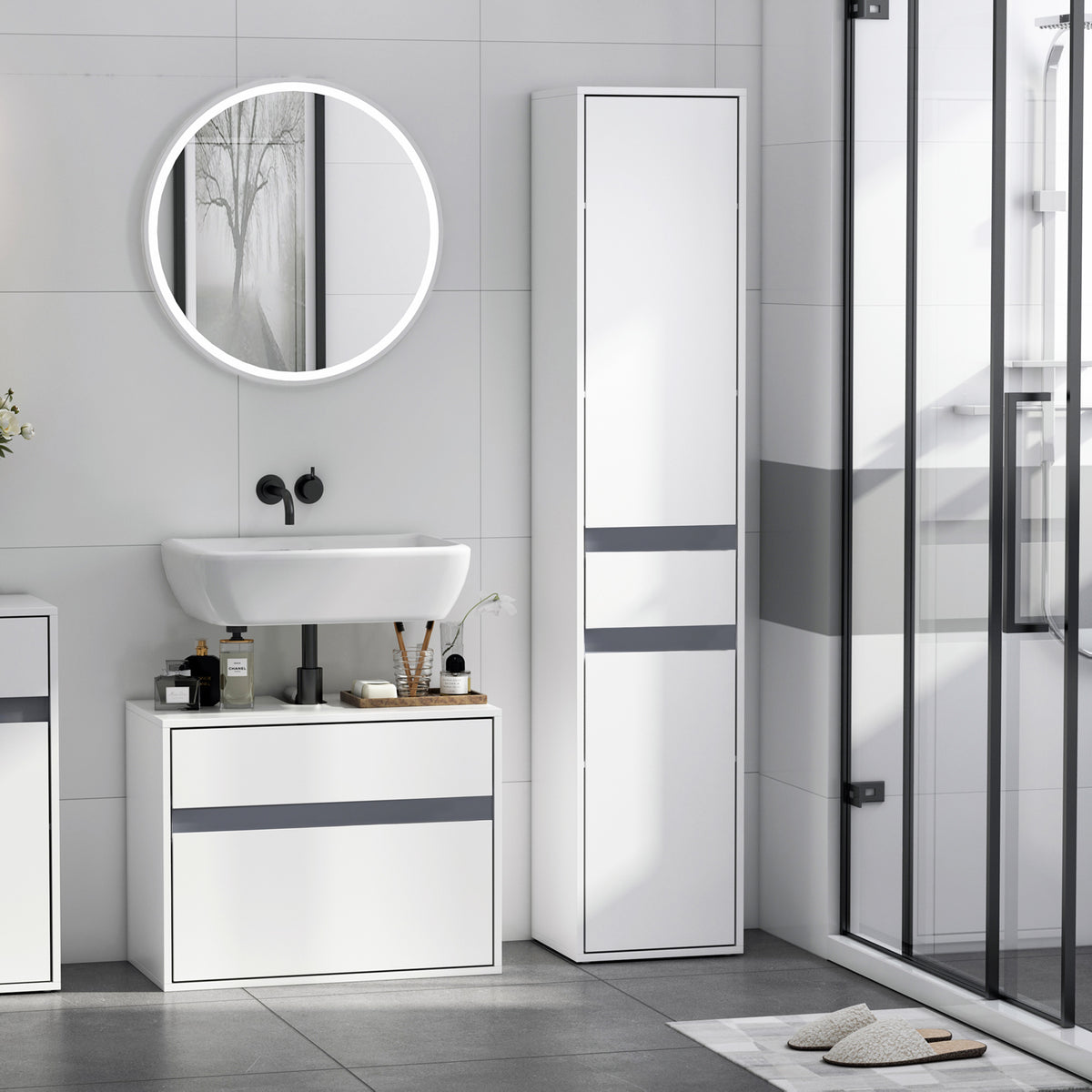 Meuble Colonne Rangement Salle de Bain Style Contemporain 2 placards 3 étagères et tiroir Coulissant Panneaux Particules Blanc-1