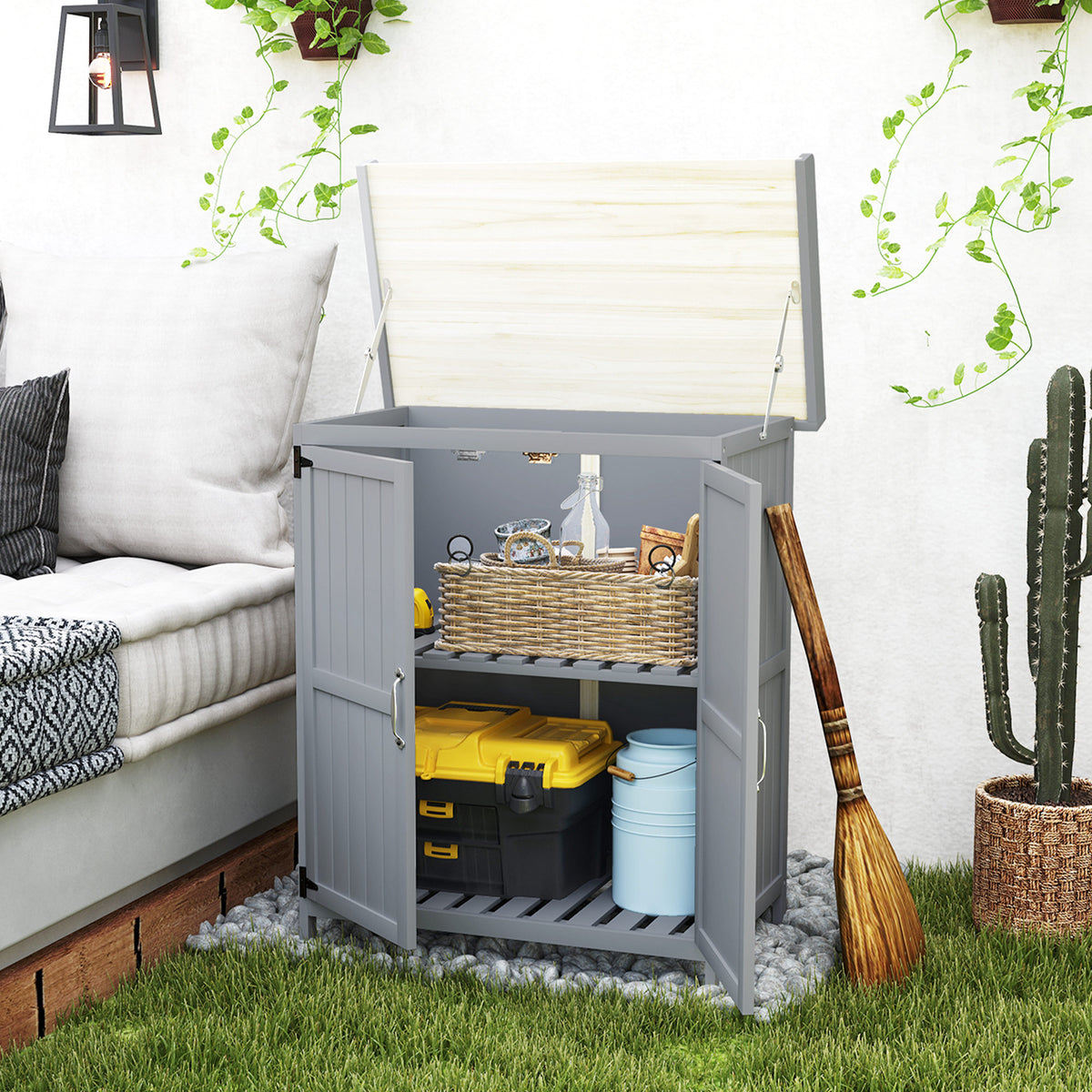 Armoire de jardin en bois abri de jardin avec 2 portes, toit à charnières et étagère, 74 x 43 x 88 cm, gris-9