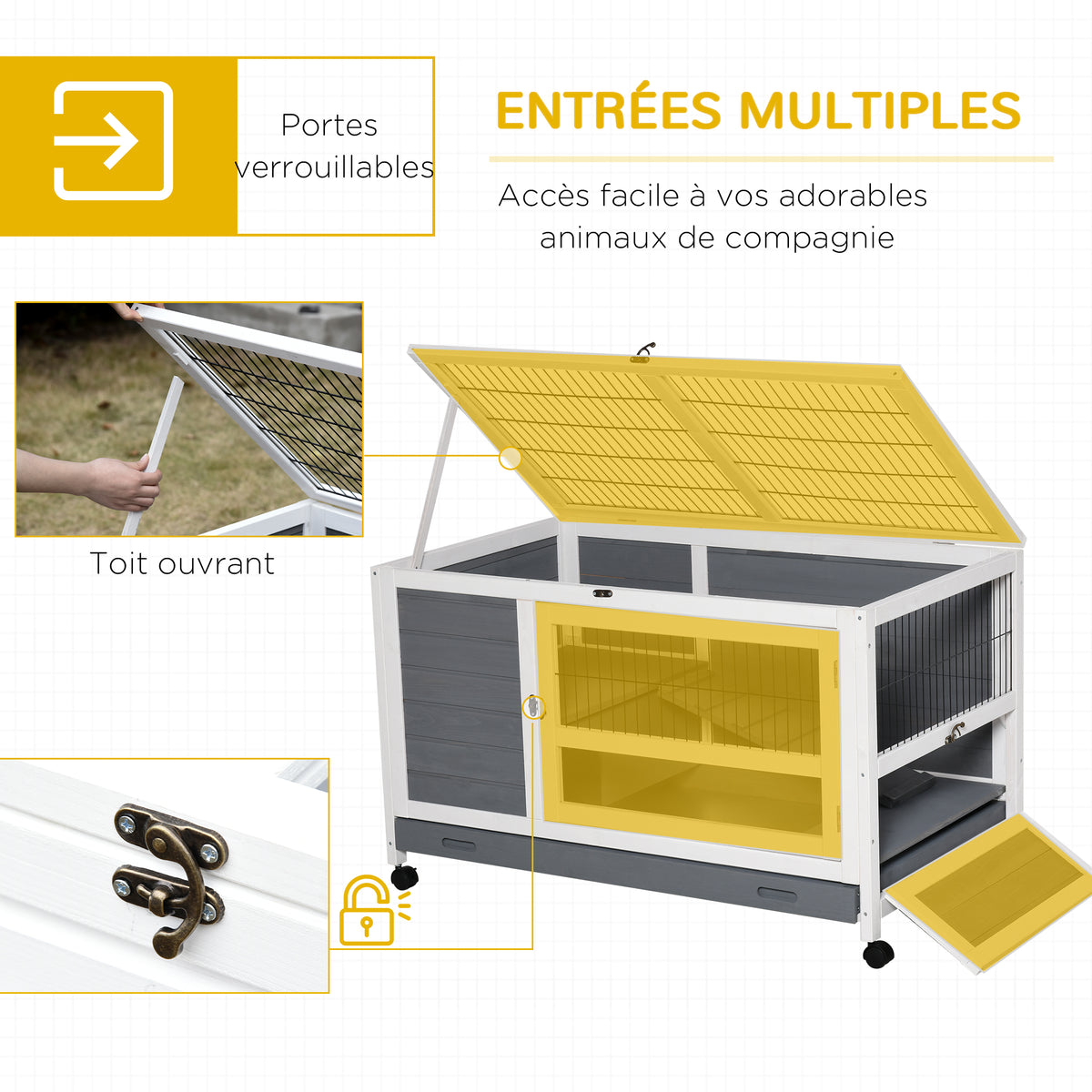 Clapier en bois cage à lapin villa pour lapin avec plateau coulissant, porte verrouillable, dessus ouvrable gris-4