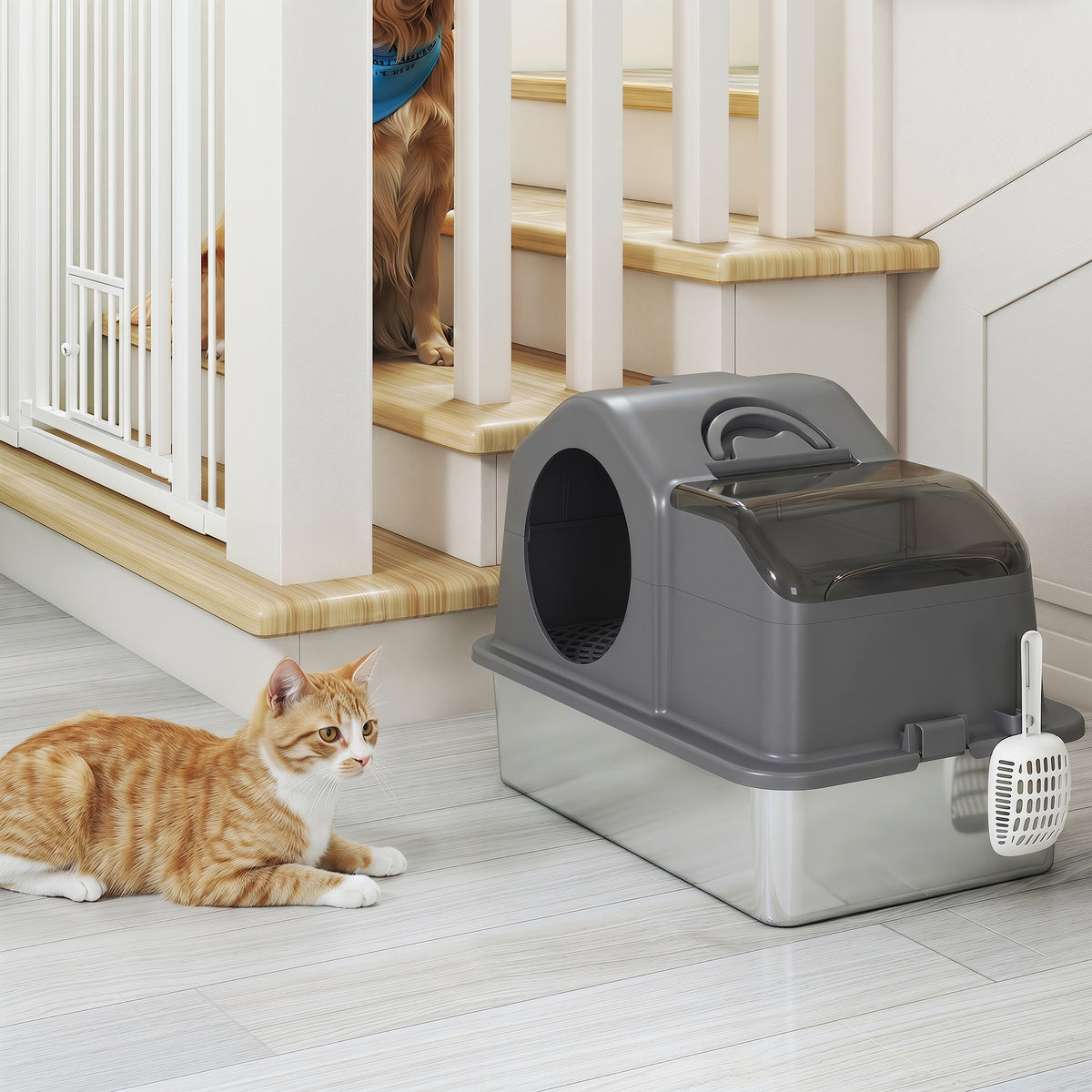 Maison de Toilette pour Chat avec Couvercle Amovible et Fermé, Côtés Hauts, 60,5x40,5x45cm, Gris Foncé-8