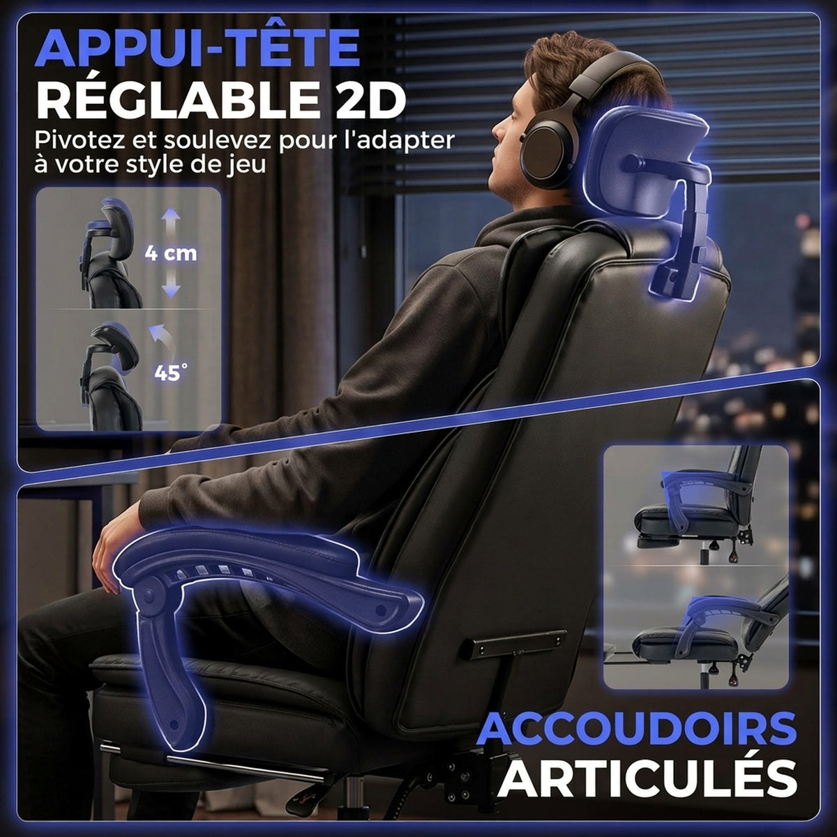 Chaise Gaming Ergonomique, Fauteuil Gaming Inclinable en Cuir Synthétique, Hauteur Réglable, Appui-Tête 2D, Noir-4