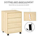 Caisson de Bureau, Rangement Bureau sur Roulettes, 4 Tiroirs Coulissants en Bois, Naturel-5